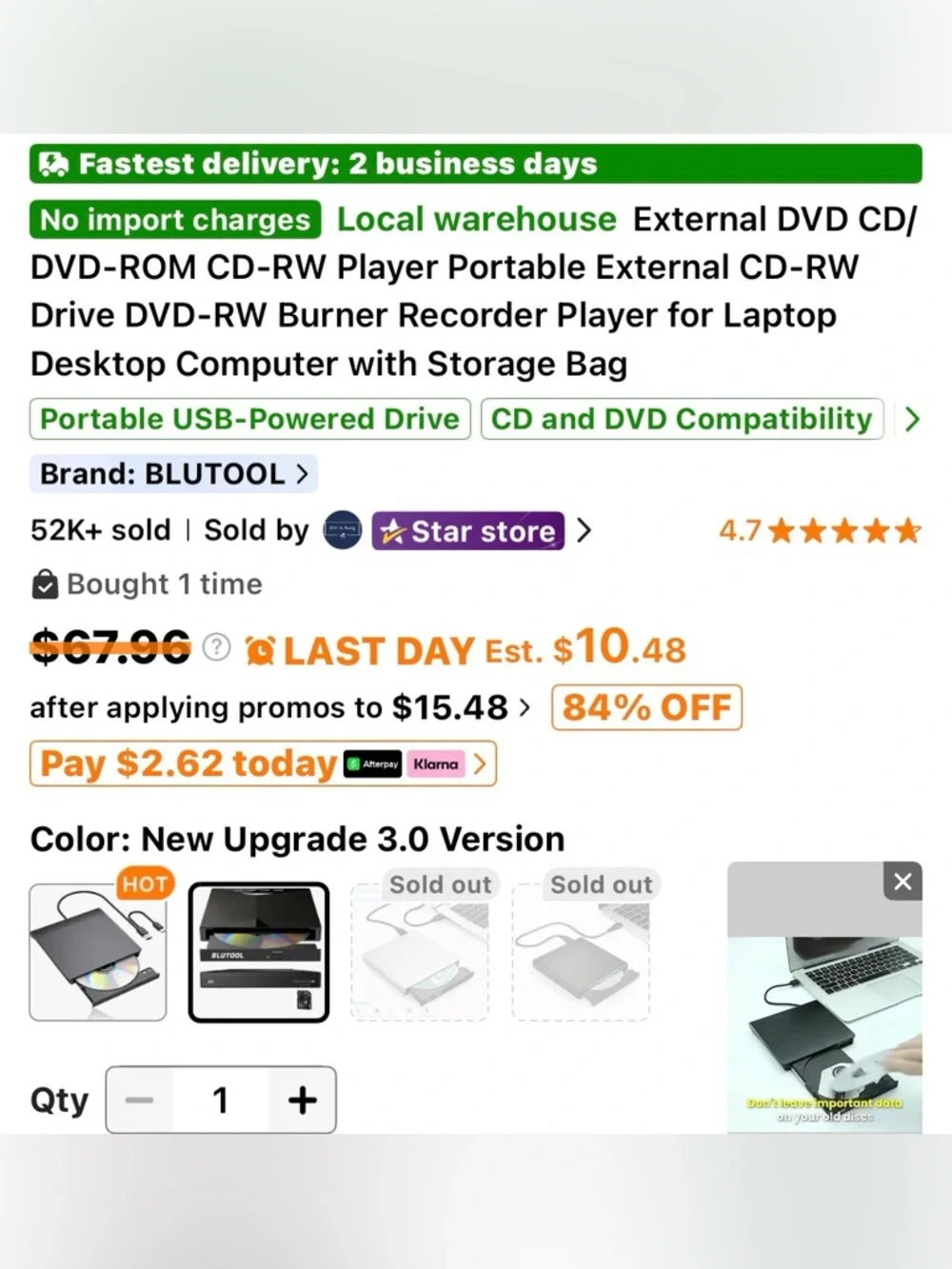 External USB 3.0 Black CD/DVD Drive with Card Reader